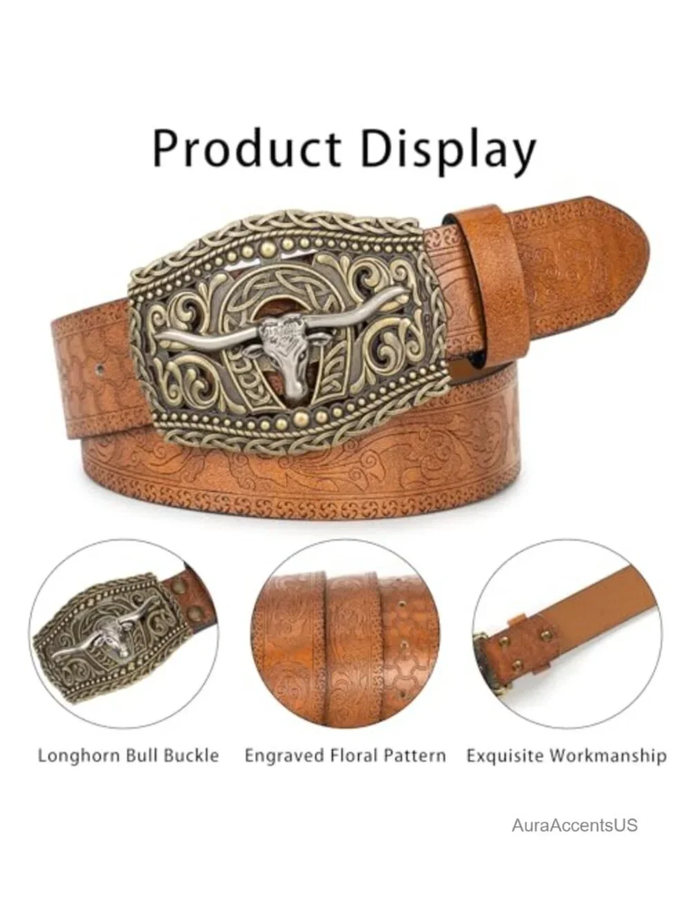 Western PU-Leather Cowboy Buckle Belt with Engraved Floral Longhorn Bull Buckle